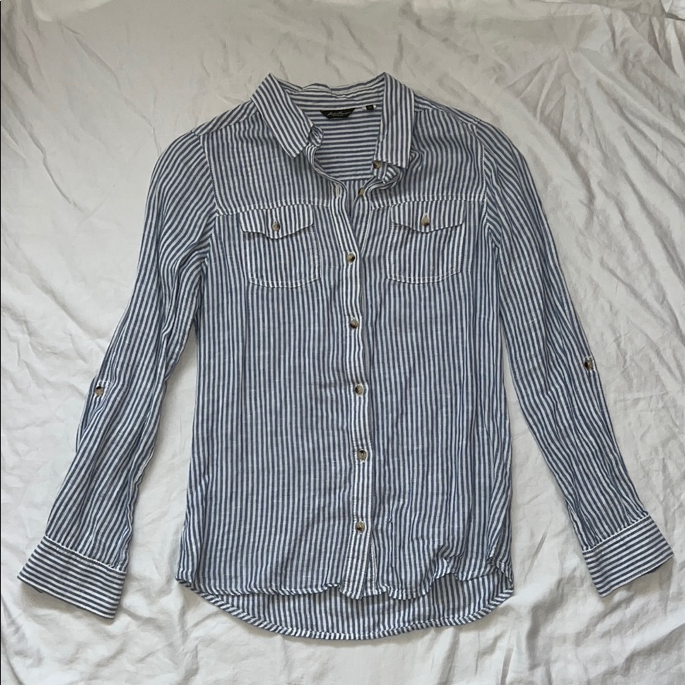 Striped Linen-Blend Button Down Top
